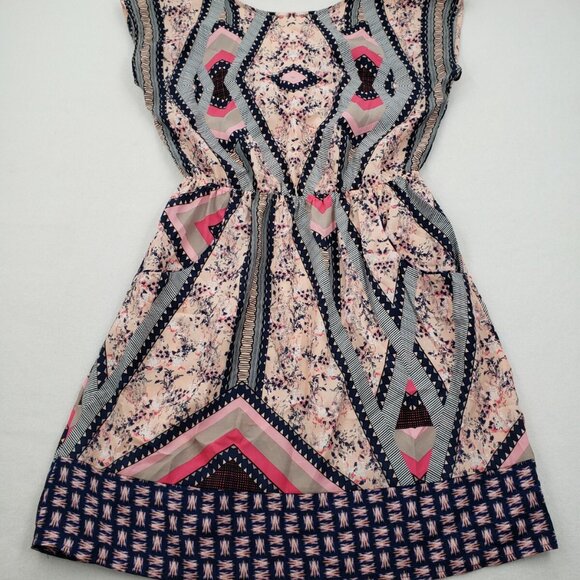 Xhilaration Blue & Pink Geo Dress Elastic Waist Cap Sleeve Knee Length S/P - Picture 1 of 5